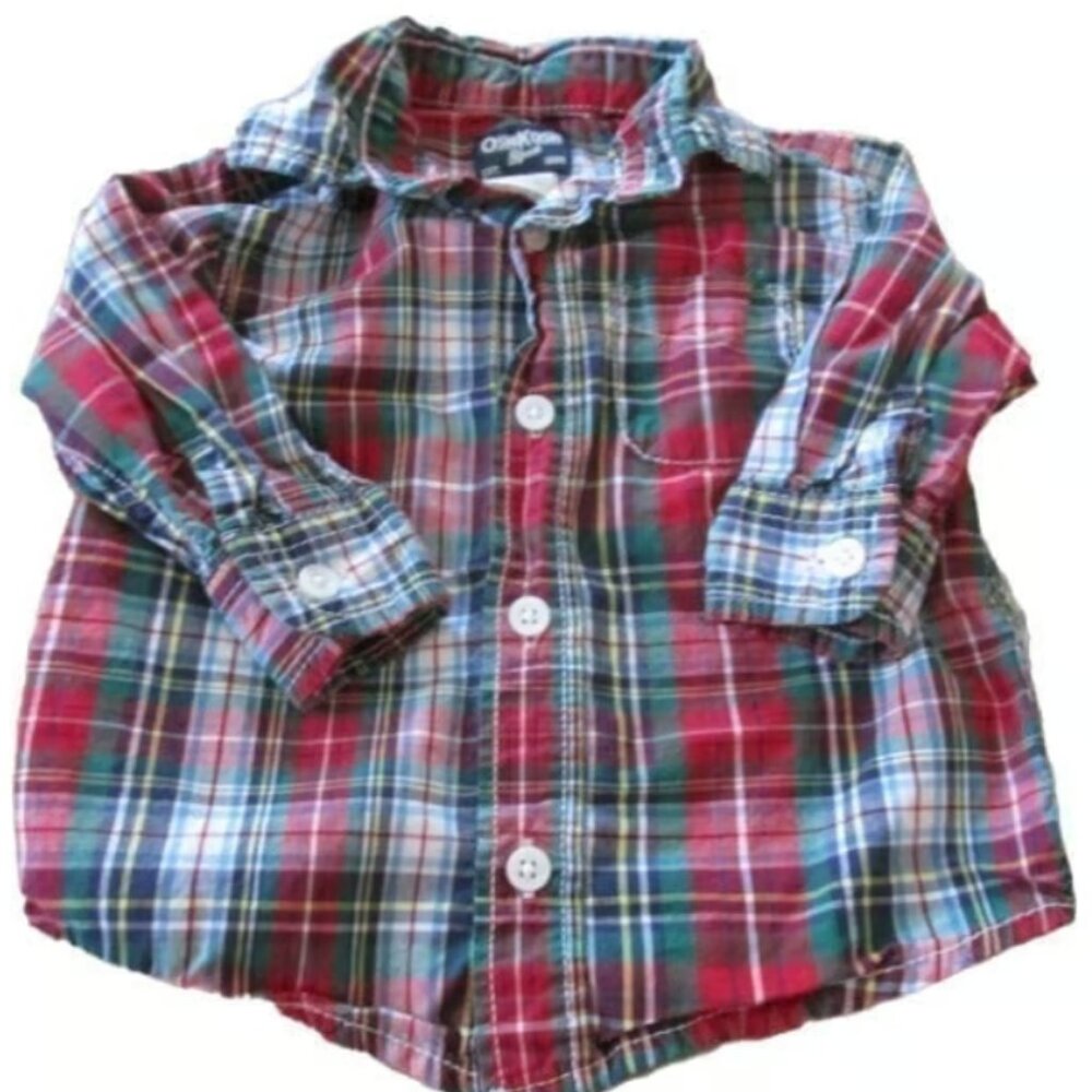 Osh Kosh Button Up Christmas Shirt Boys Size 9M Red‎ Striped Long Sleeve Collar
